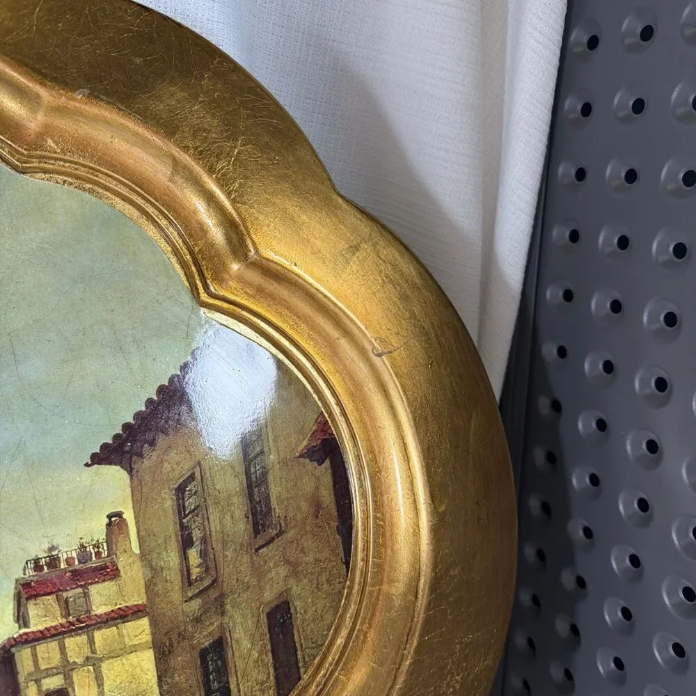 Large Mid Century Florentine Faux Wood Tray Italy Scalloped Gold Vanity Tray
